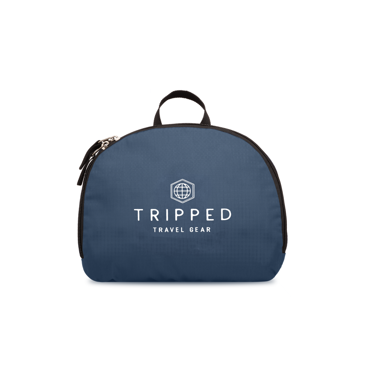 Fully folded navy blue backpack