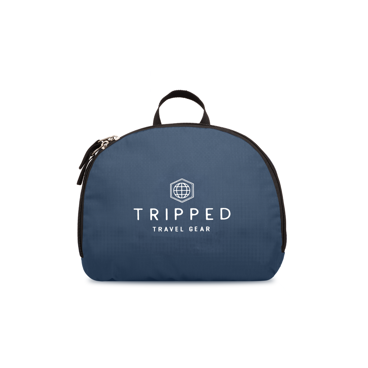 Fully folded navy blue backpack