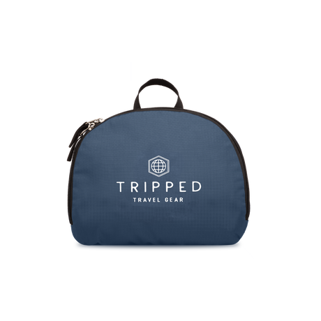 Fully folded navy blue backpack