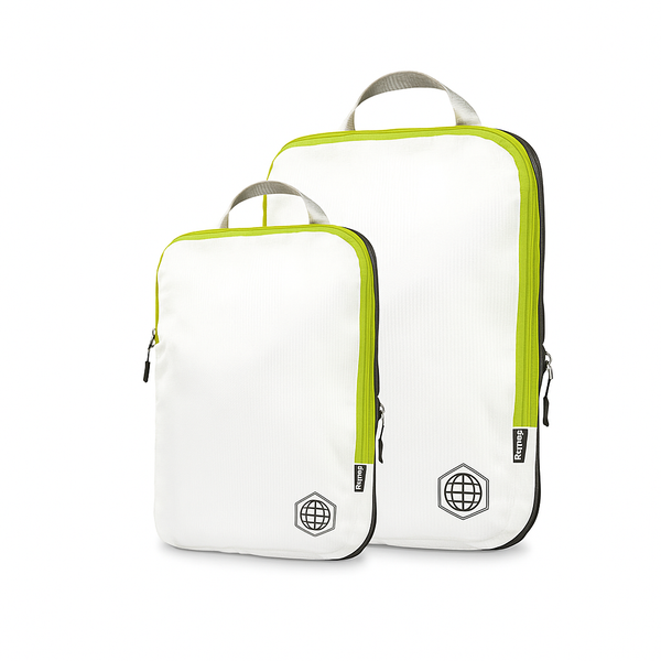 pack gear Compression Packing Cubes for Travel: Carry On Bag and Backpack Organizer Packing Cubes for Clothes by TRIPPED Travel Gear (White/Green 2-Piece Set)